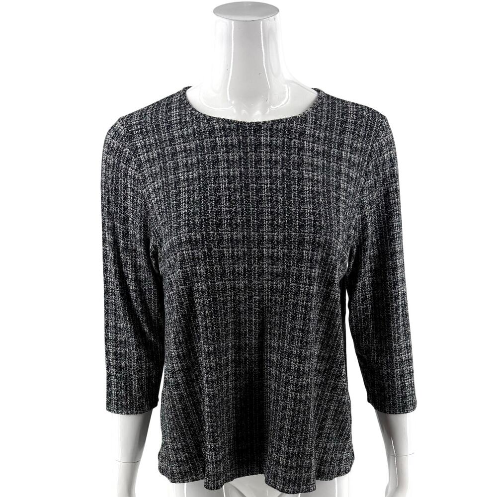 J Jill Wearever Womens Top Size Large Petite Black Gray Stretch Knit 3/4 Sleeve